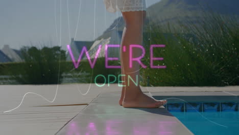 animation of feet stepping near pool with colorful we're open text overlay