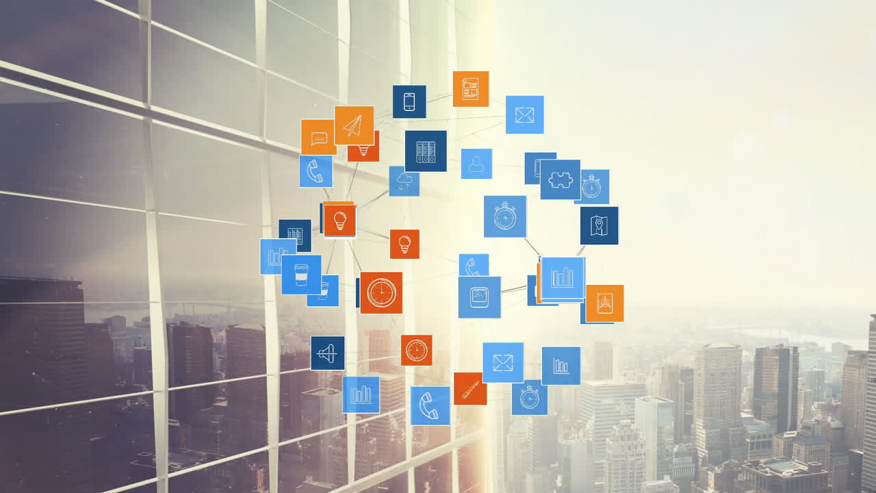 Colorful app icons forming cloud animation over cityscape with skyscrapers