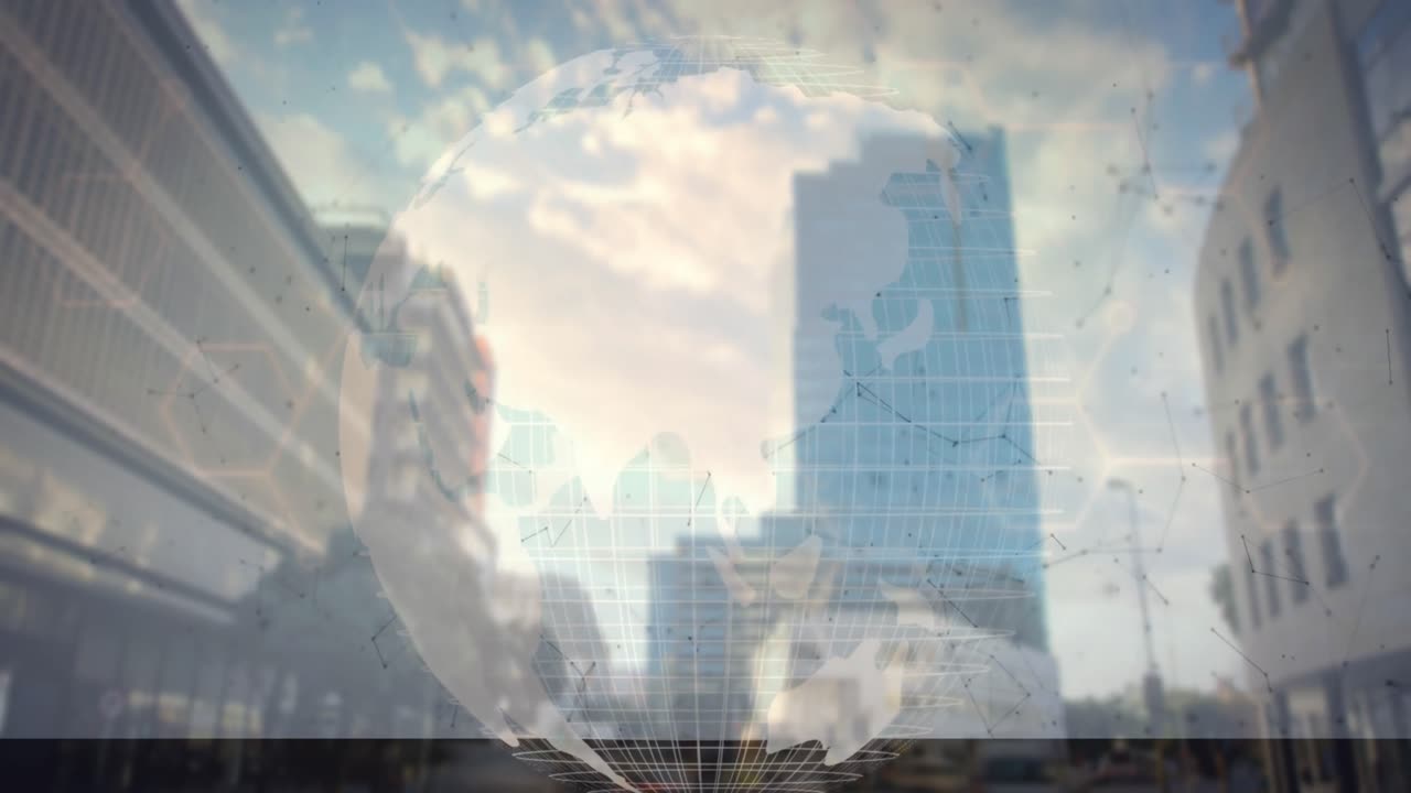 Animation of globe and connected dots over modern buildings against cloudy sky