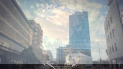 Animation-of-globe-and-connected-dots-over-modern-buildings-against-cloudy-sky