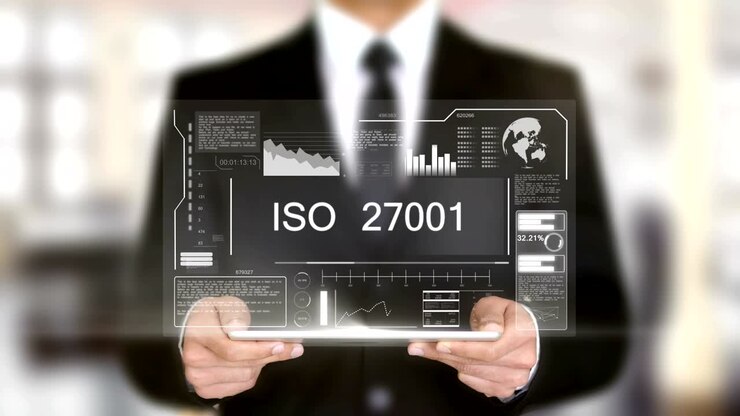 iso 27001, homme d'affaires avec concept d'hologramme