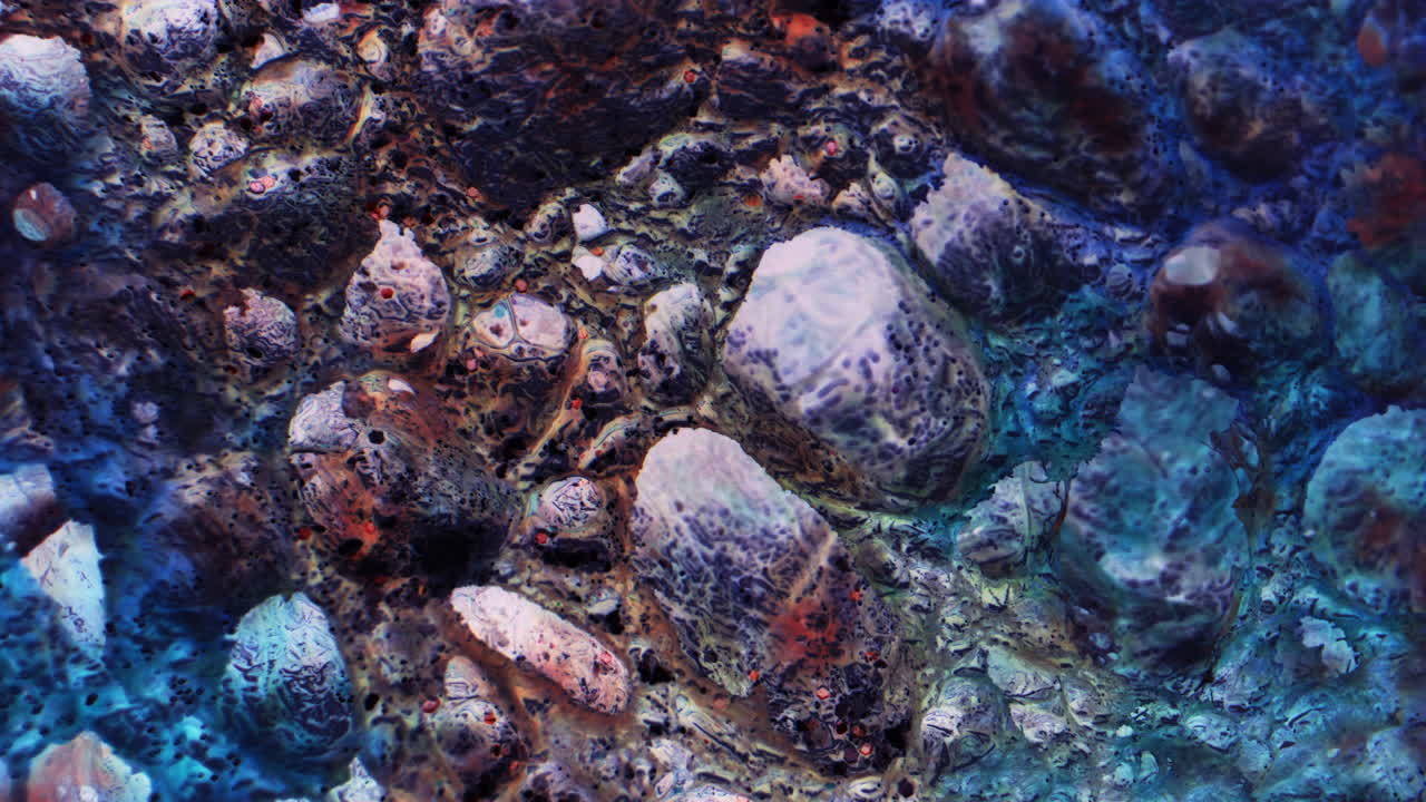 Close-up view of a textured rocky surface with colorful patterns.