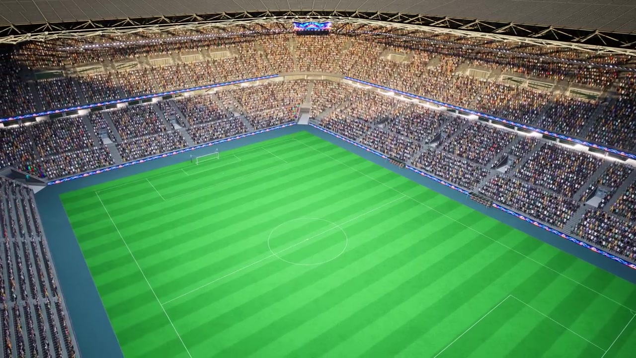 Rendering 3D di uno stadio di calcio con tifosi che esultano in una giornata di sole, entusiasmo dei tifosi