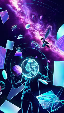 cosmic being with earth head in abstract universe