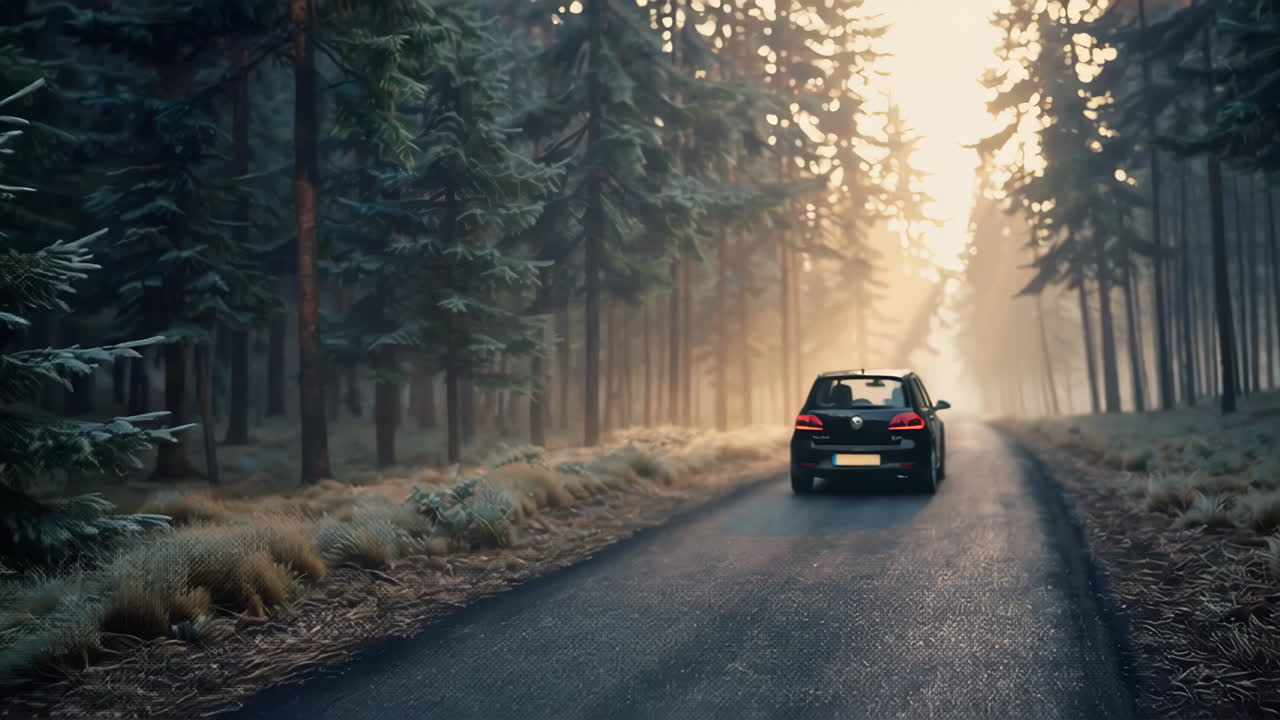 Frozen Forest Road with Car at Sunrise