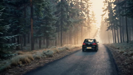 frozen forest road with car at sunrise