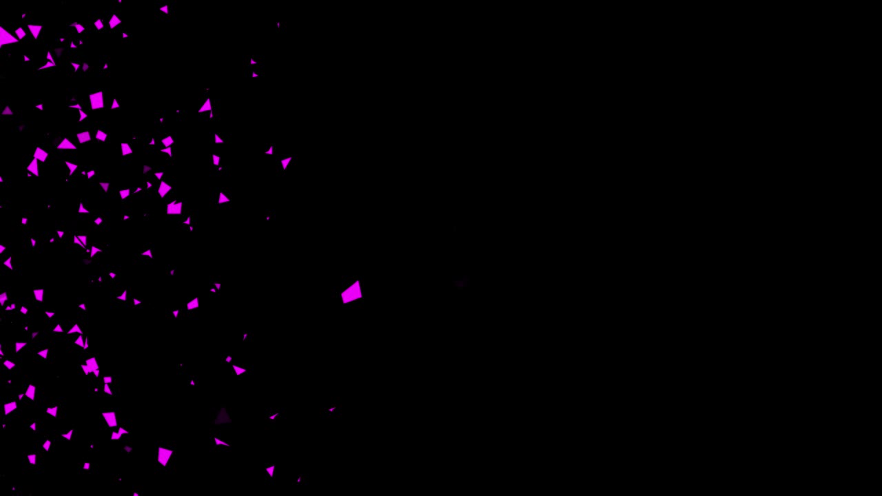Abstract animation of purple and pink geometric shards or confetti exploding from left side on black background. For parties, events, or intros