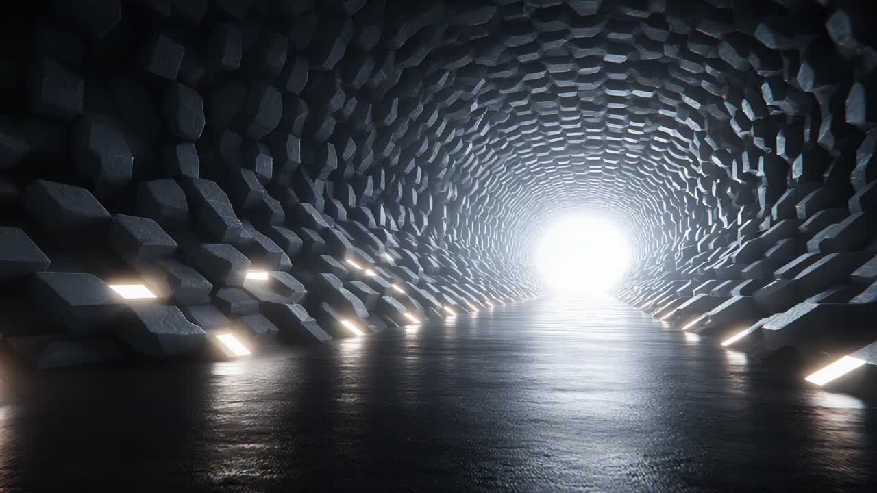 A Futuristic Tunnel Illuminated by Radiant Light: A Journey Through a Hexagonal Patterned Passageway Inviting Exploration and Discovery