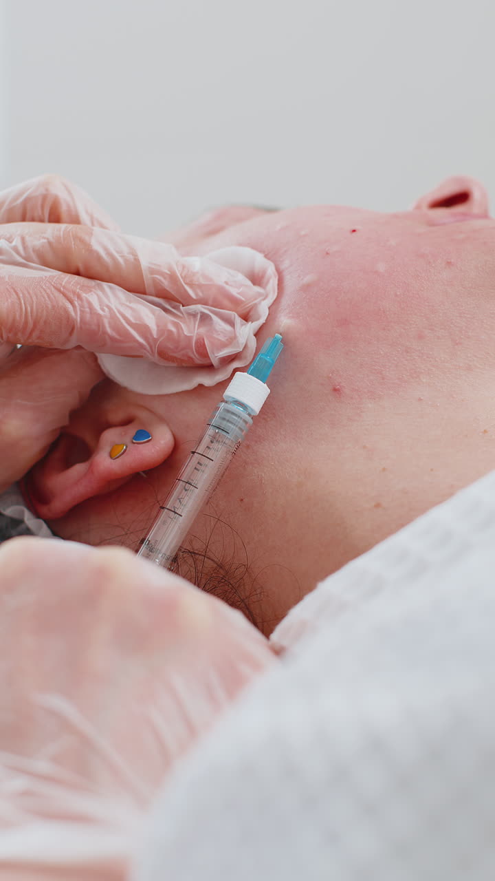 Cosmetologist making woman beauty anti-aging injections biorevitalization face cheek mesotherapy