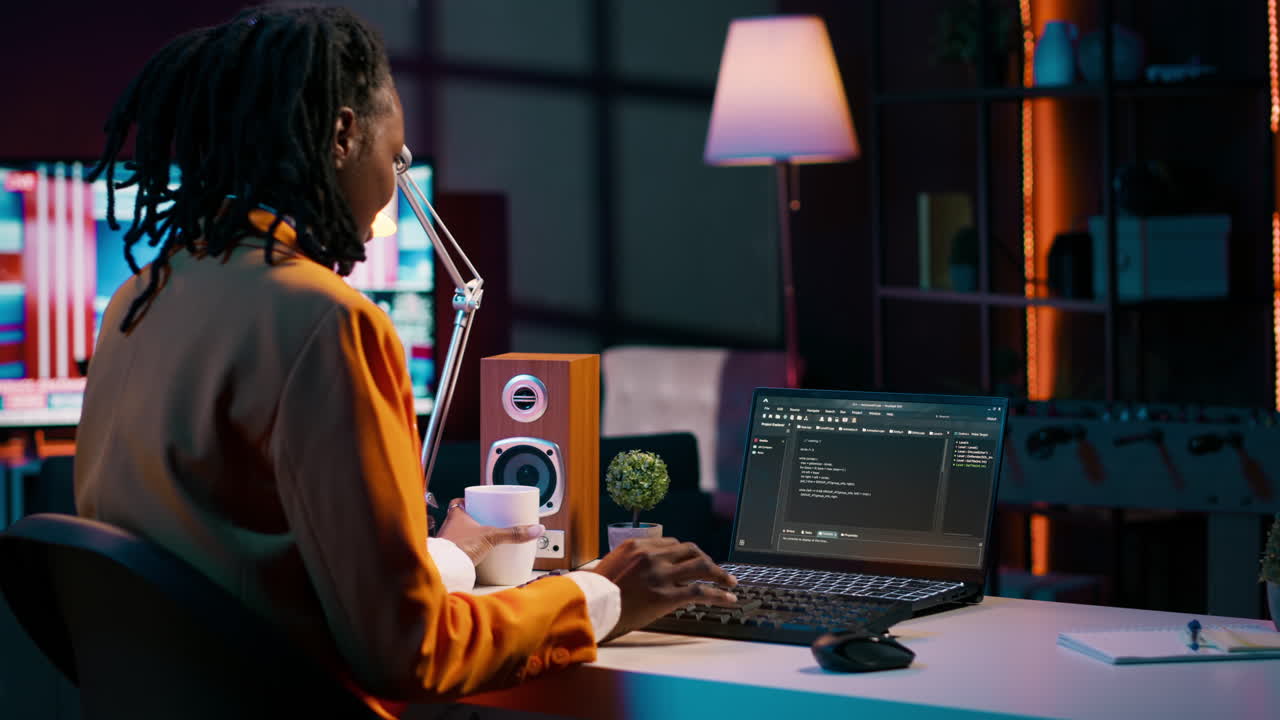 African american IT student practicing coding or programming exercises