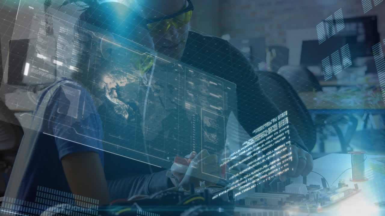 Animation of data processing over diverse male and female engineers working together at factory