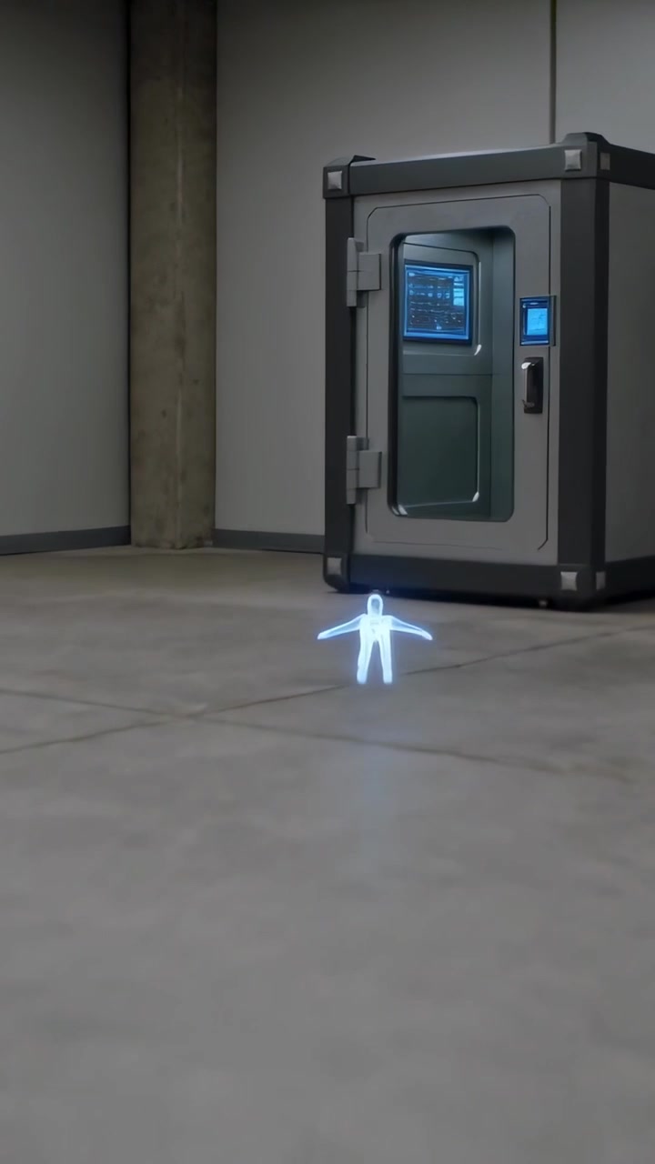 Vertical video: System activating holo shrinking drifting into pod dissipating for storage in lab