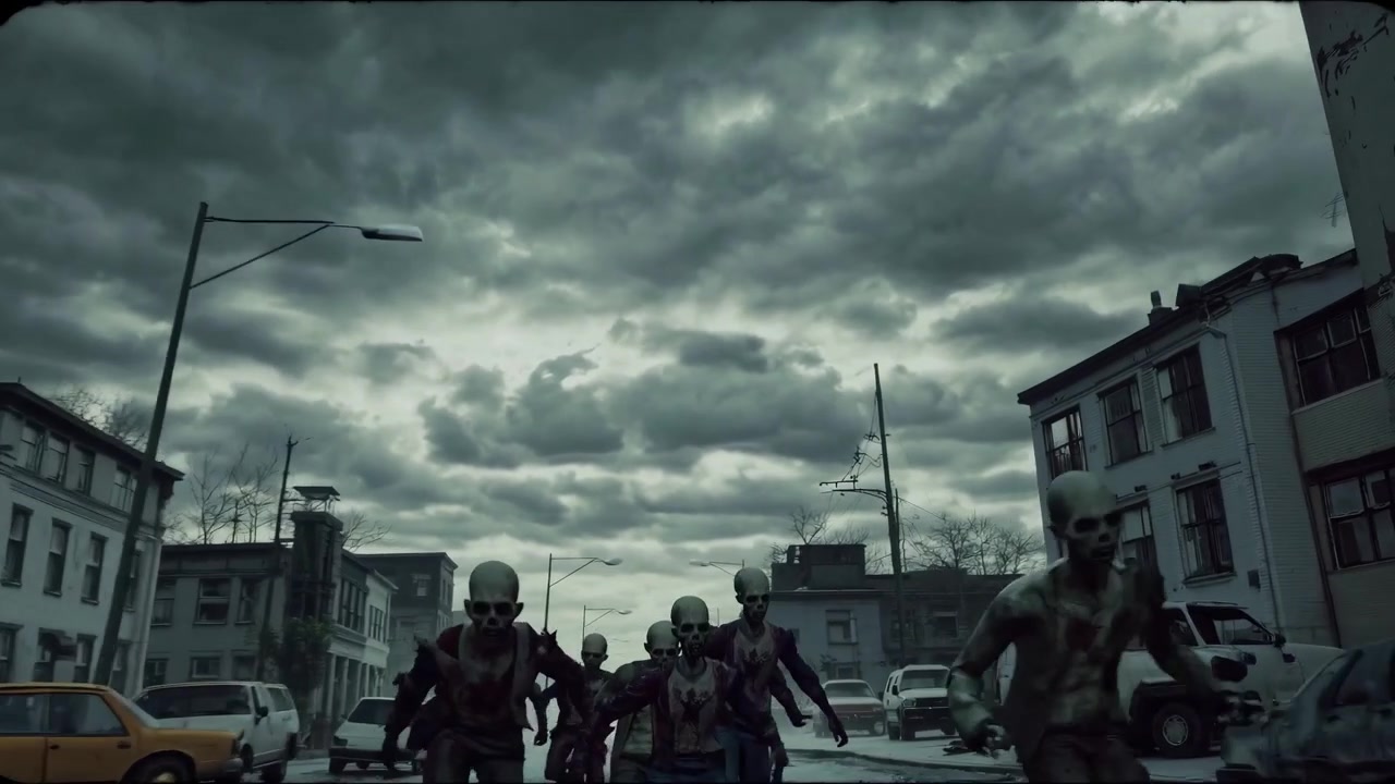 Horde of Zombies Walking Down a Desolate City Street