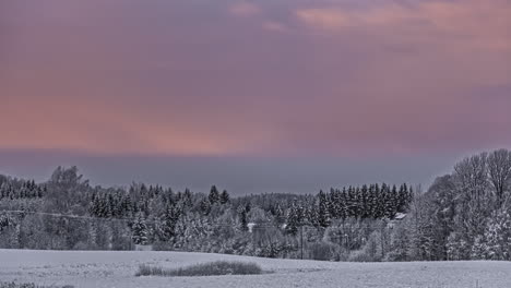 Time-lapse-shot-of-beautiful-morning-sunrise-showing-winter-scenery-with-lighting-snowy-pine-trees-from-sun---Clouds-in-motion-at-sky