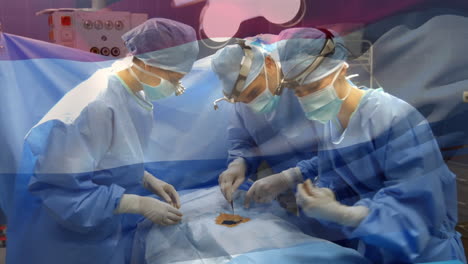 animation of flag of netherlands waving over surgeons in operating theatre