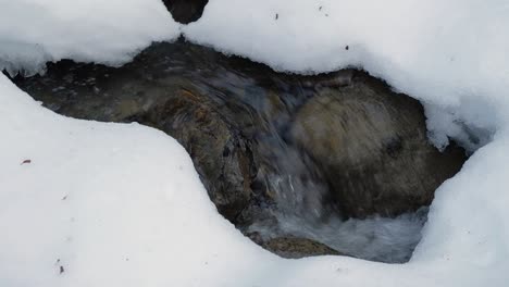 Cerrar-El-Arroyo-De-Agua-Glaciar-Que-Fluye-Apenas-A-Través-De-Rocas-Cubiertas-De-Nieve