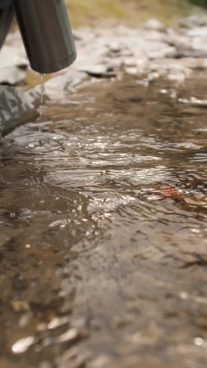 Person cleaning a water bottle in a stream