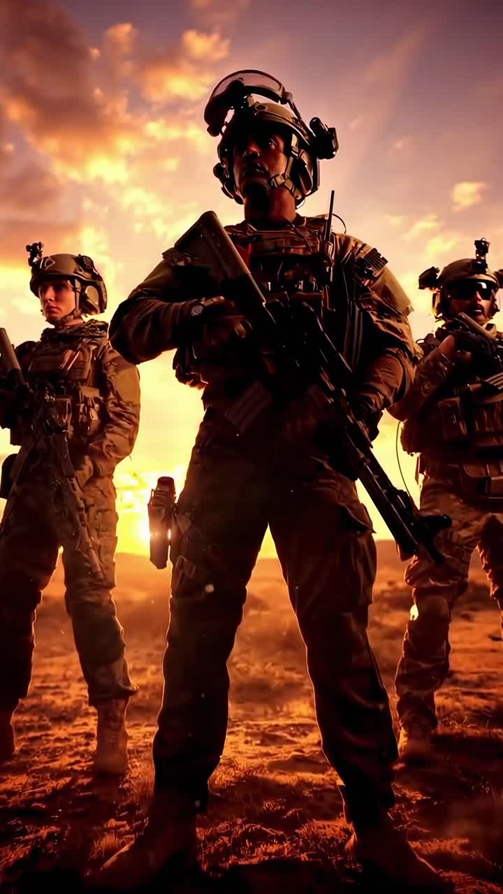 Dramatic low-angle shot of soldiers at sunset, evoking an action video game feel