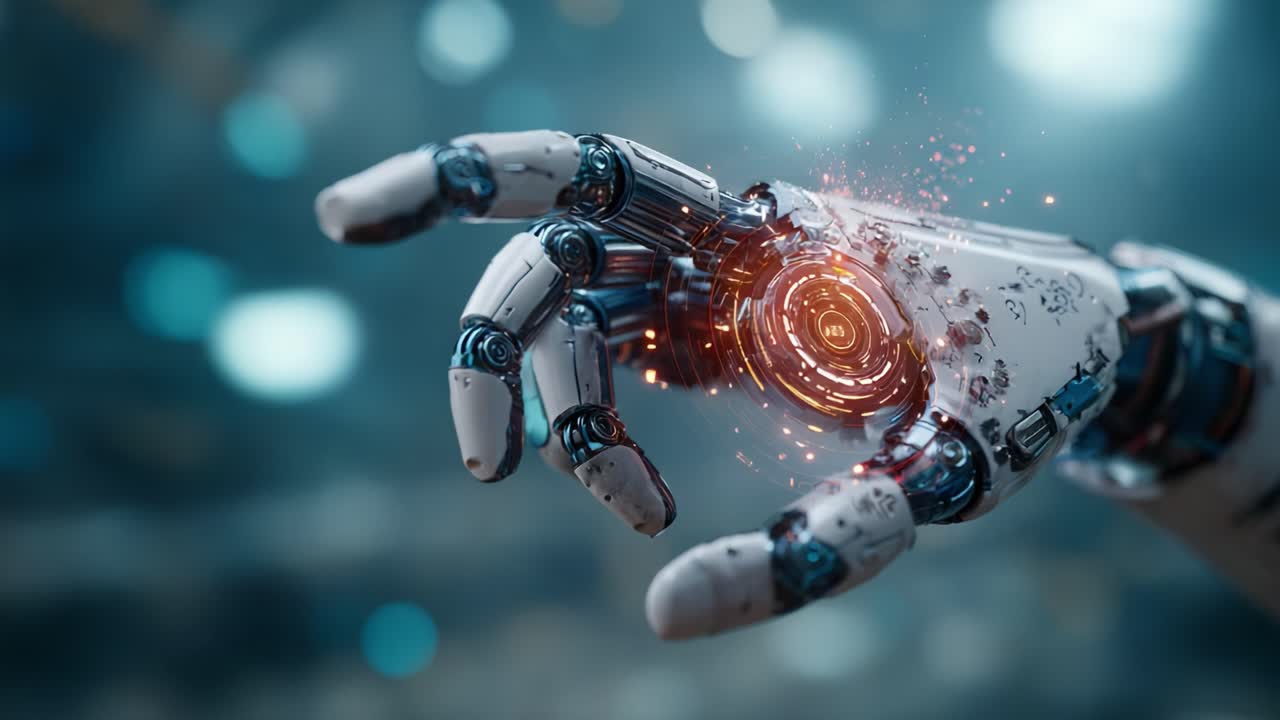 Una mano robotica avanzata in azione, che mostra tecnologia innovativa e design intricato con un focus sul nucleo di energia luminosa e movimenti precisi in un ambiente futuristico