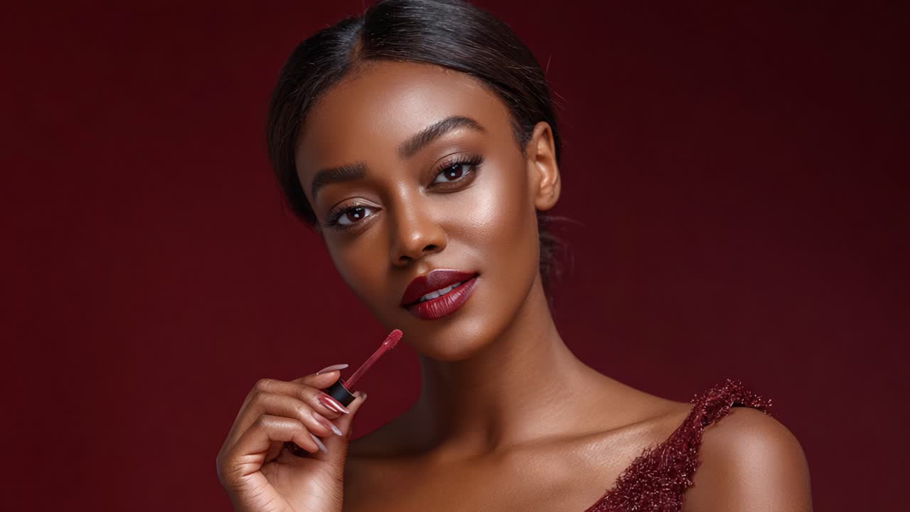 A Stunning Beauty Showcasing Elegant Lipstick Shades Against a Rich Burgundy Background, Highlighting the Charm and Grace of Modern Makeup