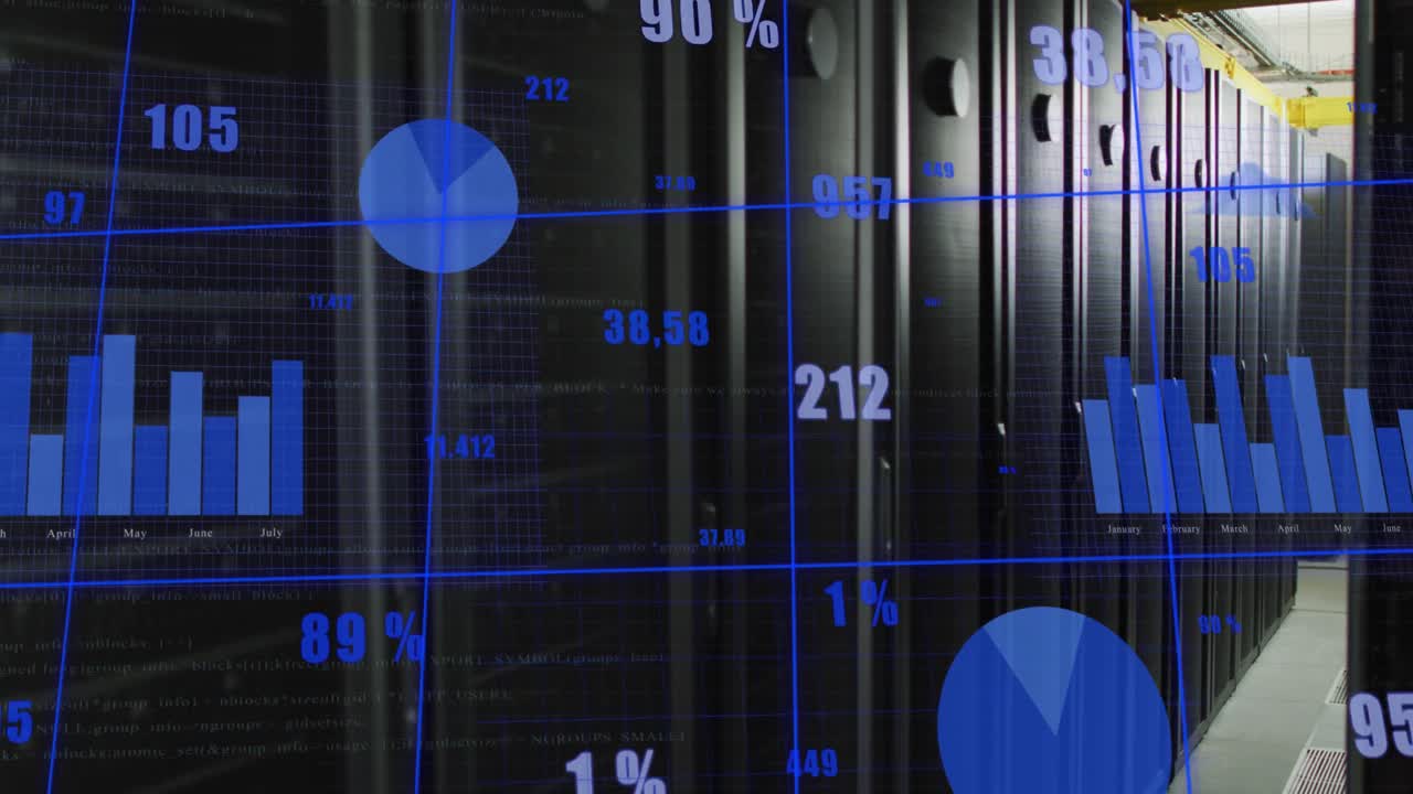 animación del procesamiento de datos estadísticos a través de la red de red contra la sala de servidores informáticos