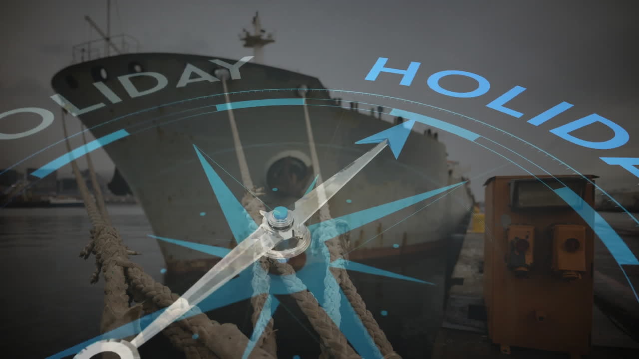 조선소 위의 휴일 텍스트와 함께 나침반의 애니메이션