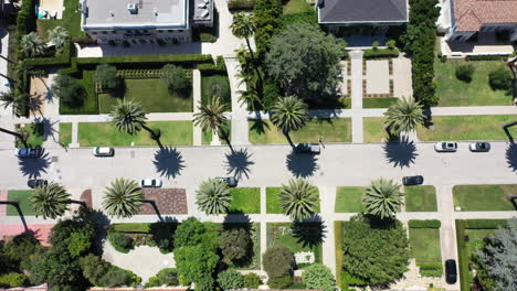 drone pans over palm tree and mcmansion lined street in west hollywood, los angeles california