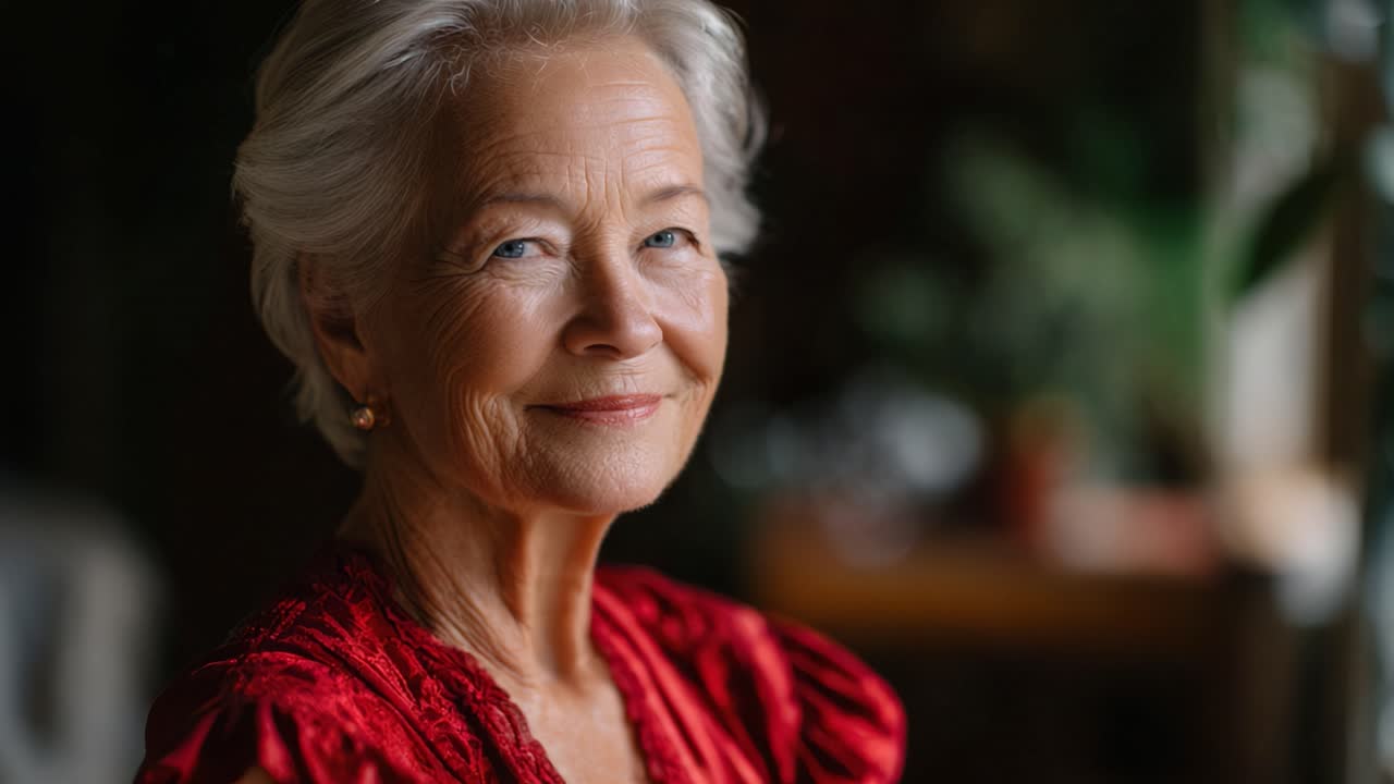 Retrato cativante de uma mulher madura em um elegante traje vermelho, exalando graça e sabedoria, iluminado por uma luz natural suave, que convida a uma sensação de paz e reflexão