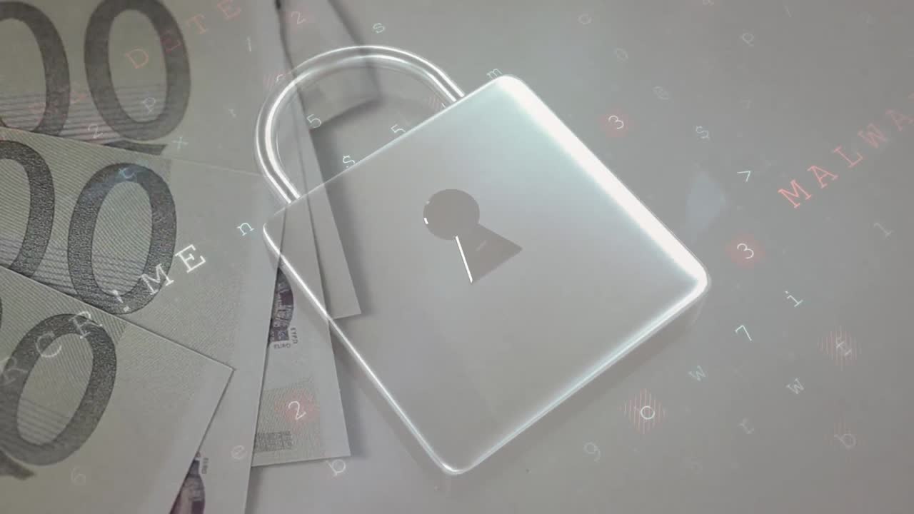 animación del procesamiento de datos en movimiento y el candado sobre el billete