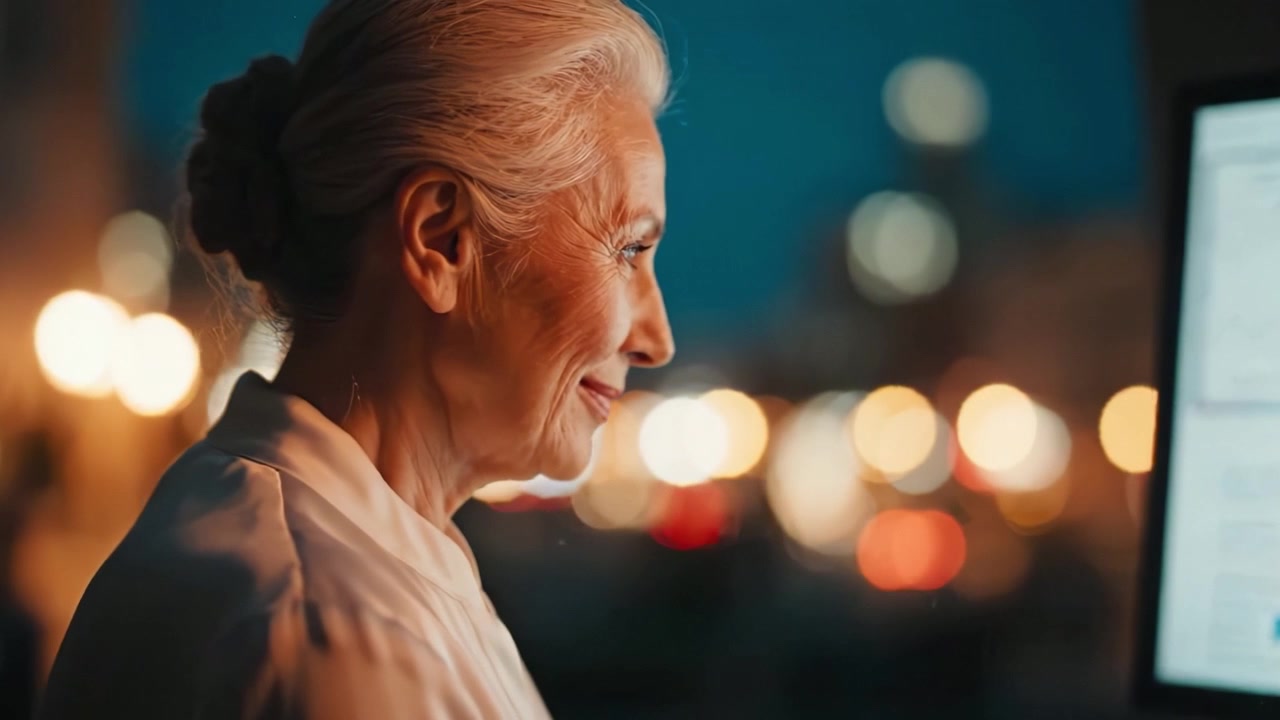 A thoughtful older woman reflects as she gazes at a computer screen, illuminated by warm city lights at night, capturing a moment of introspection and wisdom.