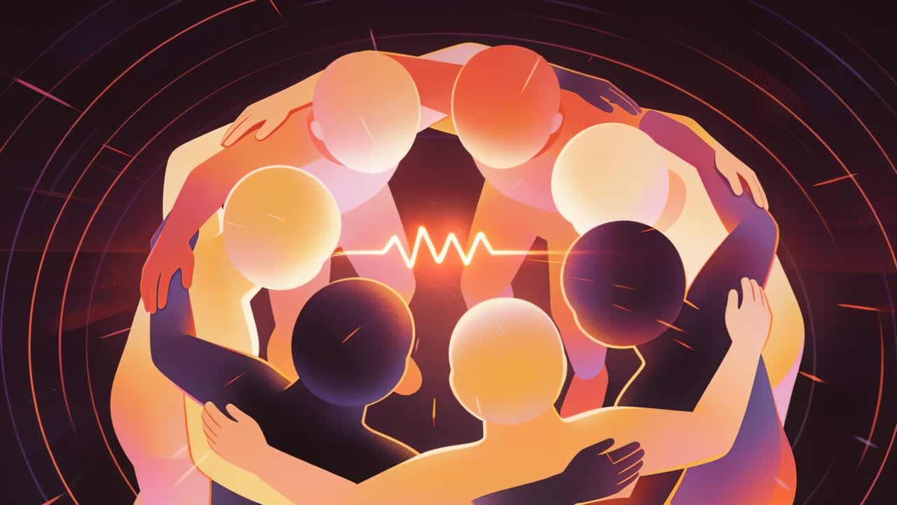 Heartbeat waveform pulsing, six silhouettes linking arms in radial field pulsing to convey unity