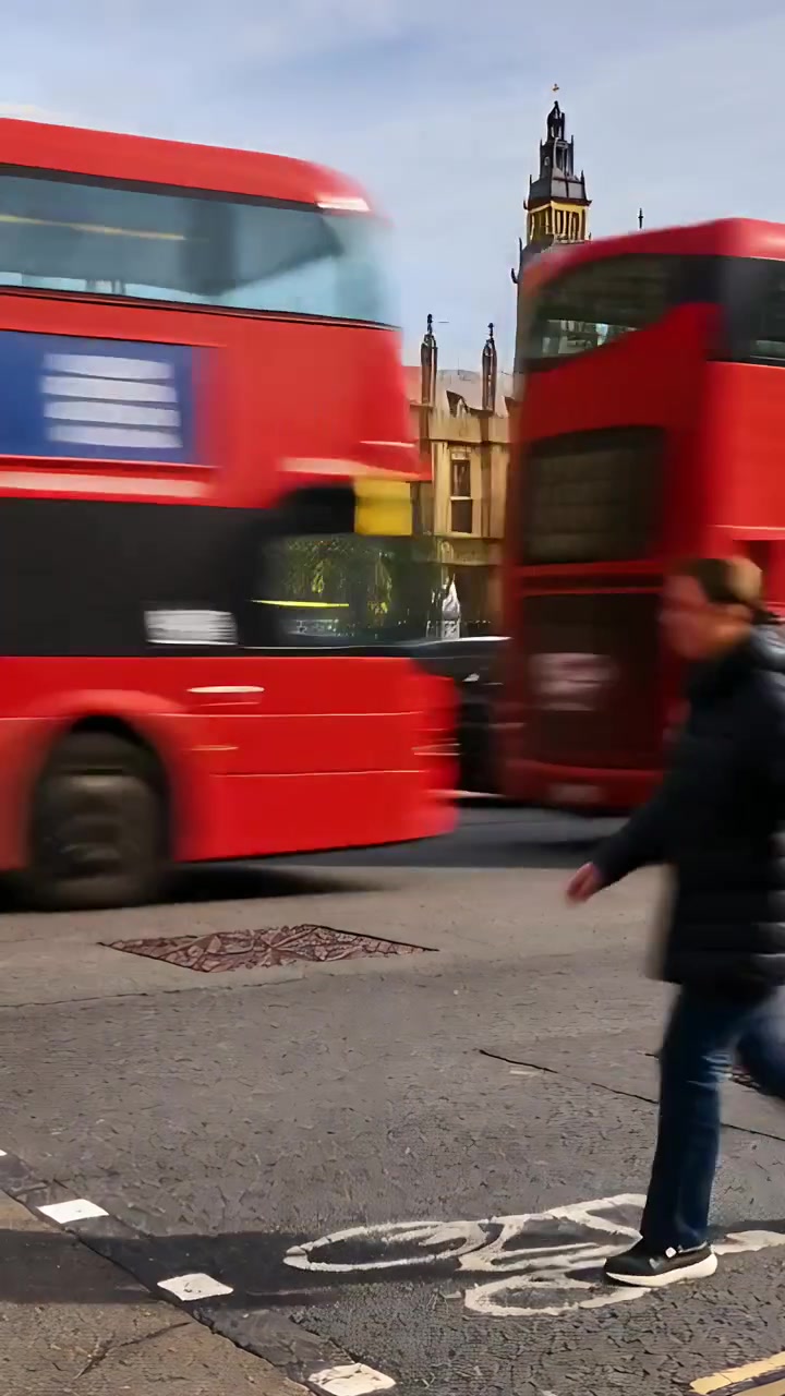 Vertical video: Walking lady in tan coat using phone by parliament as red buses passing, copy space