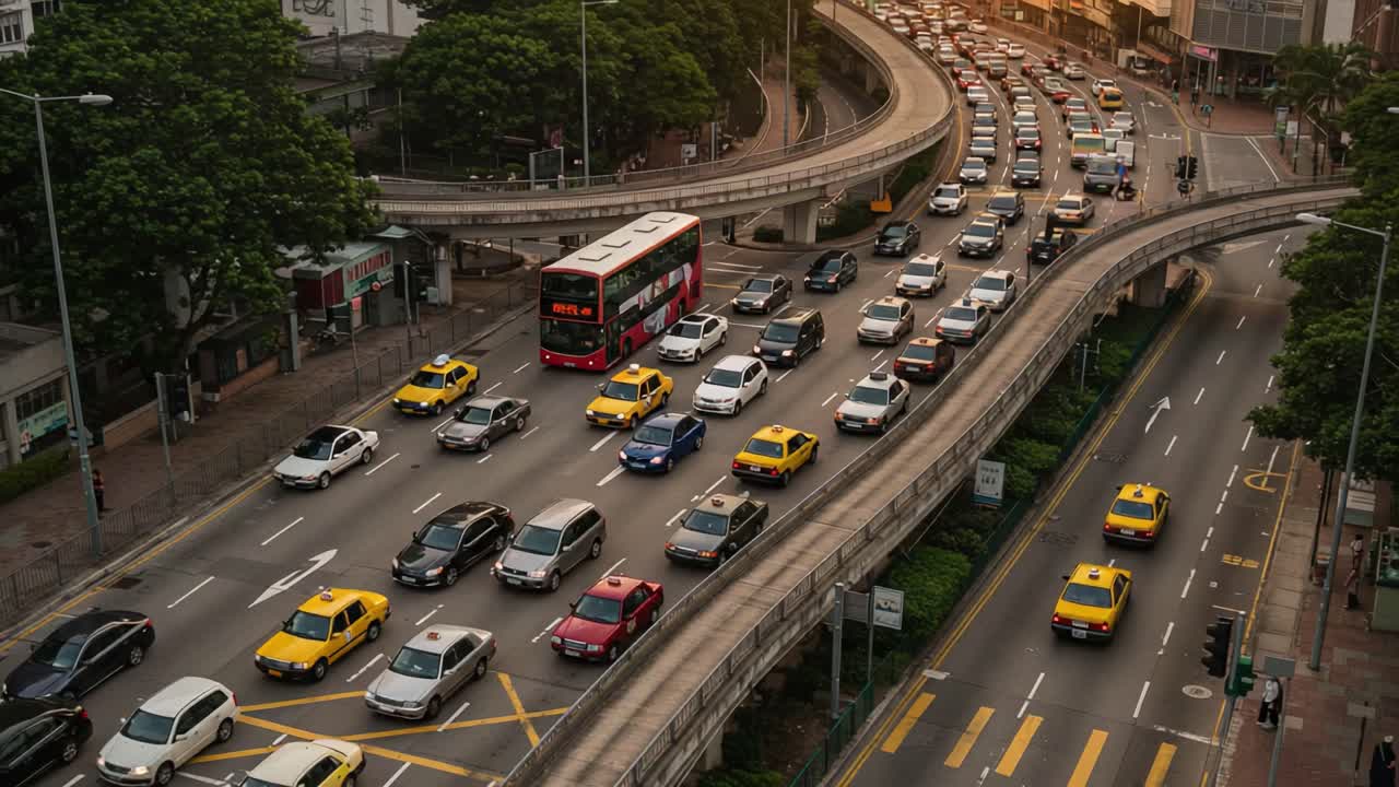 Aerial View of Urban Traffic Congestion During Golden Hour, Showcasing a Bustling City Scene with Various Vehicles Traffic Flowing Along Major Roadways