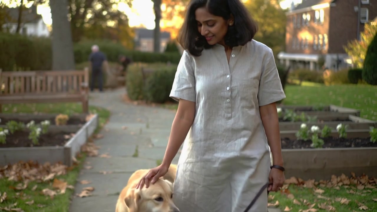 Donna che cammina in abito leggero, inizia la passeggiata con un cane dorato lungo un sentiero del giardino, tenendo il guinzaglio