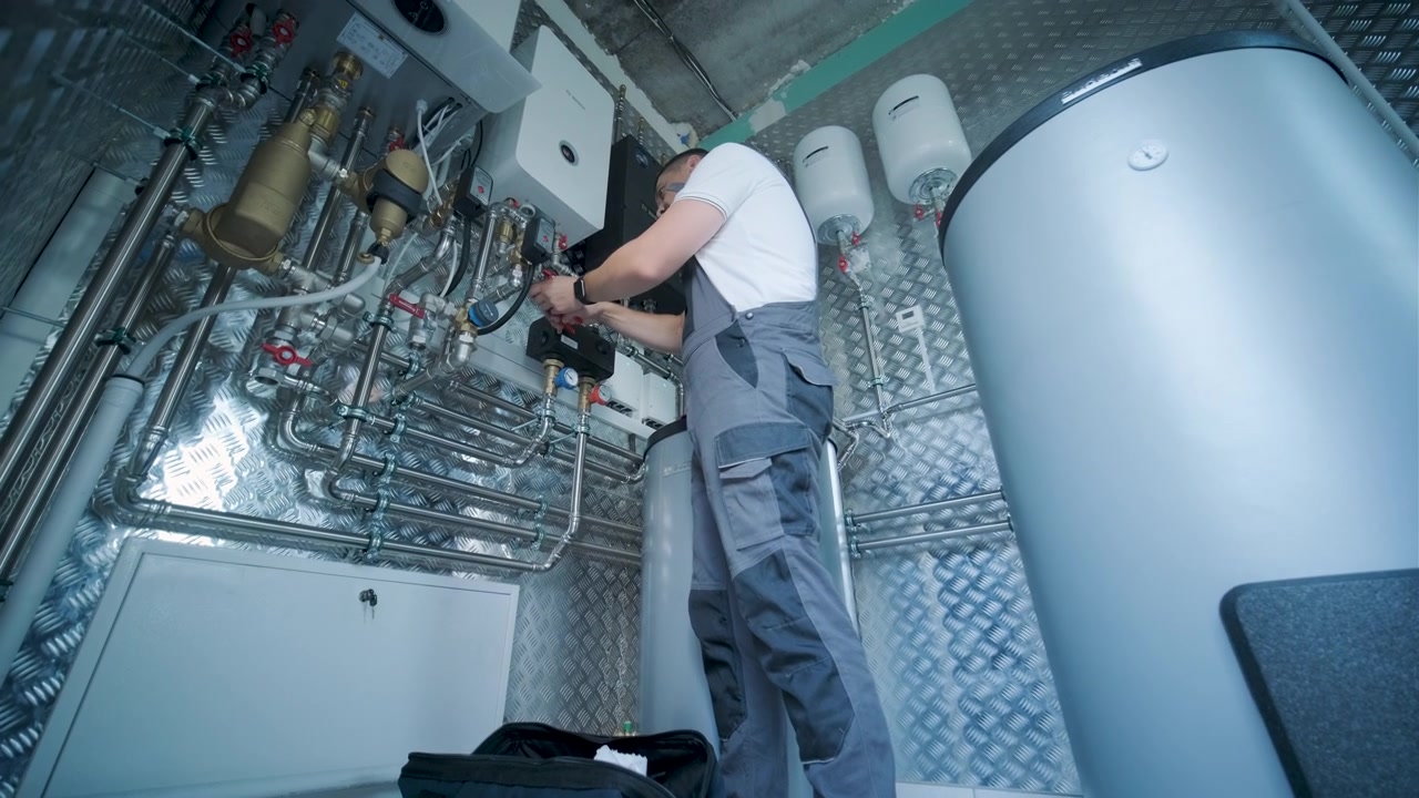 Professional Plumber Installing Heating System in Utility Room