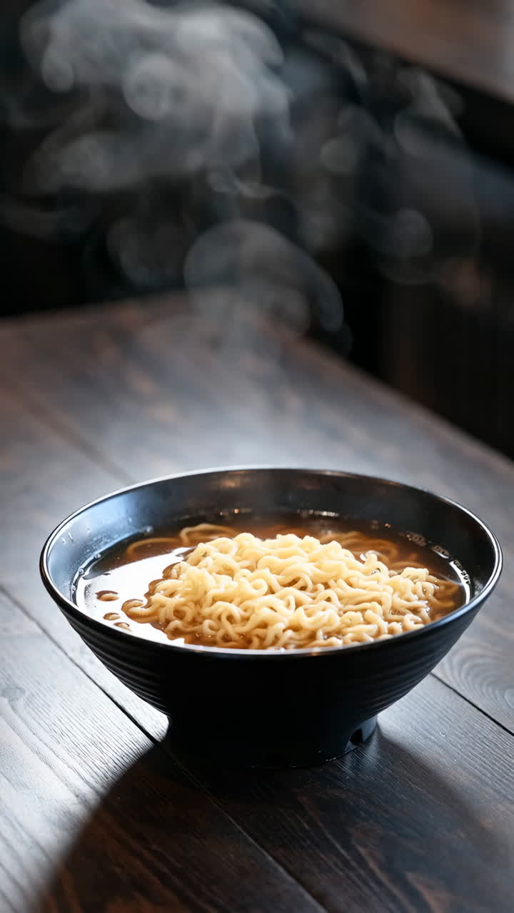 Steaming bowl of hot ramen noodles on a wooden table