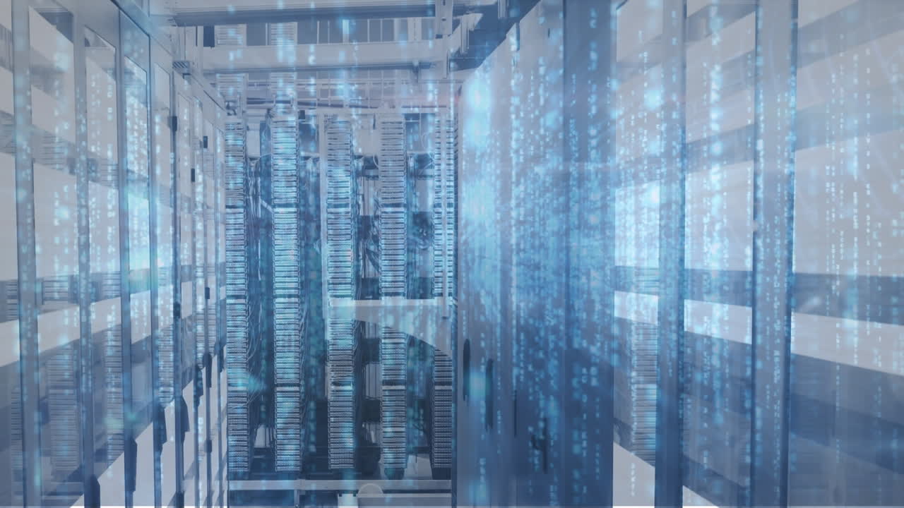 Animation of data processing and light trails against computer server room