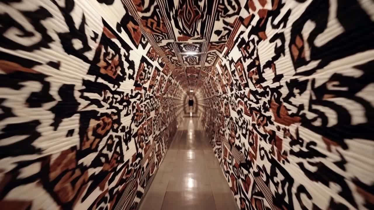 Dynamic motion through an intricately designed corridor, showcasing vibrant patterns and textures, creating an immersive visual experience of architectural beauty and artistic expression