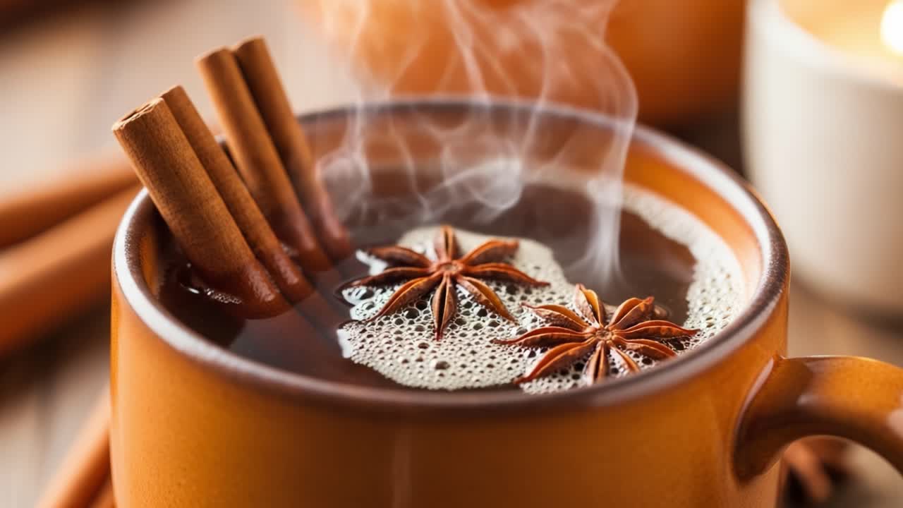 A Warm Cup of Spiced Delight: Enjoying Aromatic Hot Beverage with Cinnamon and Star Anise, Perfect for Cozy Moments and Relaxation