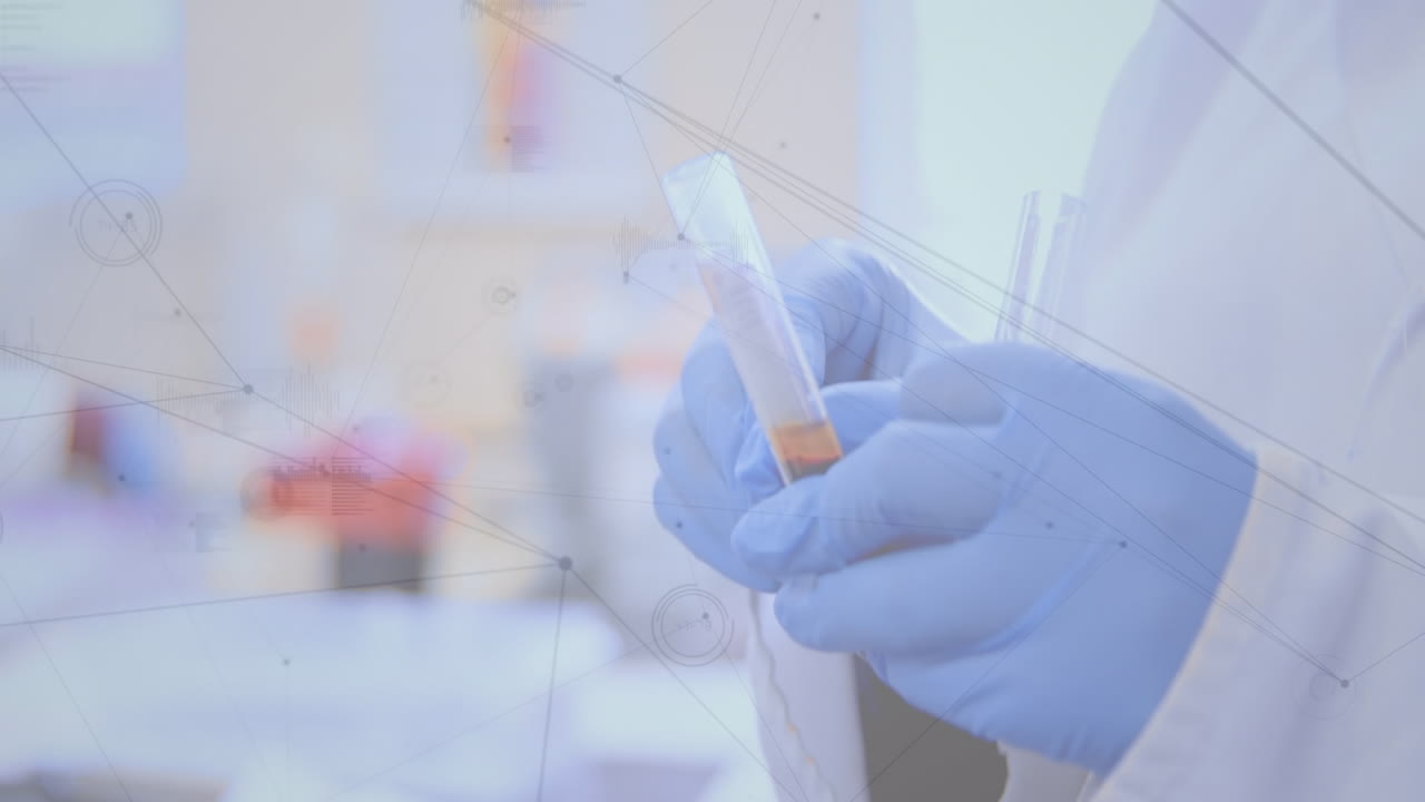 Animation of network of connections over hands of lab worker with samples