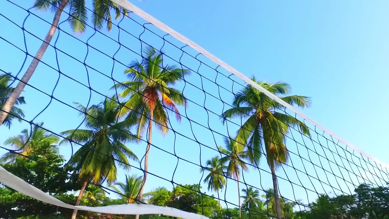 una red de voleibol de playa colgada en dos árboles de coco en una muy hermosa playa de arena blanca de zanzíbar