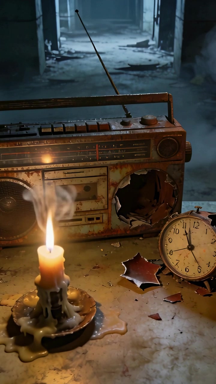 Video verticale: Candela tremolante che illumina un corridoio buio, cera che gocciola su una radio arrugginita e un orologio crepato.