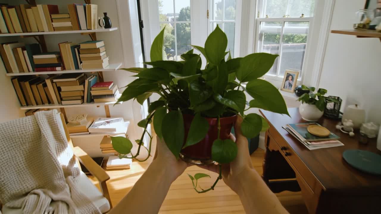 Mani che tengono una pianta d'appartamento ricadente e posizionano il vaso vicino al davanzale per l'arredamento d'interni.