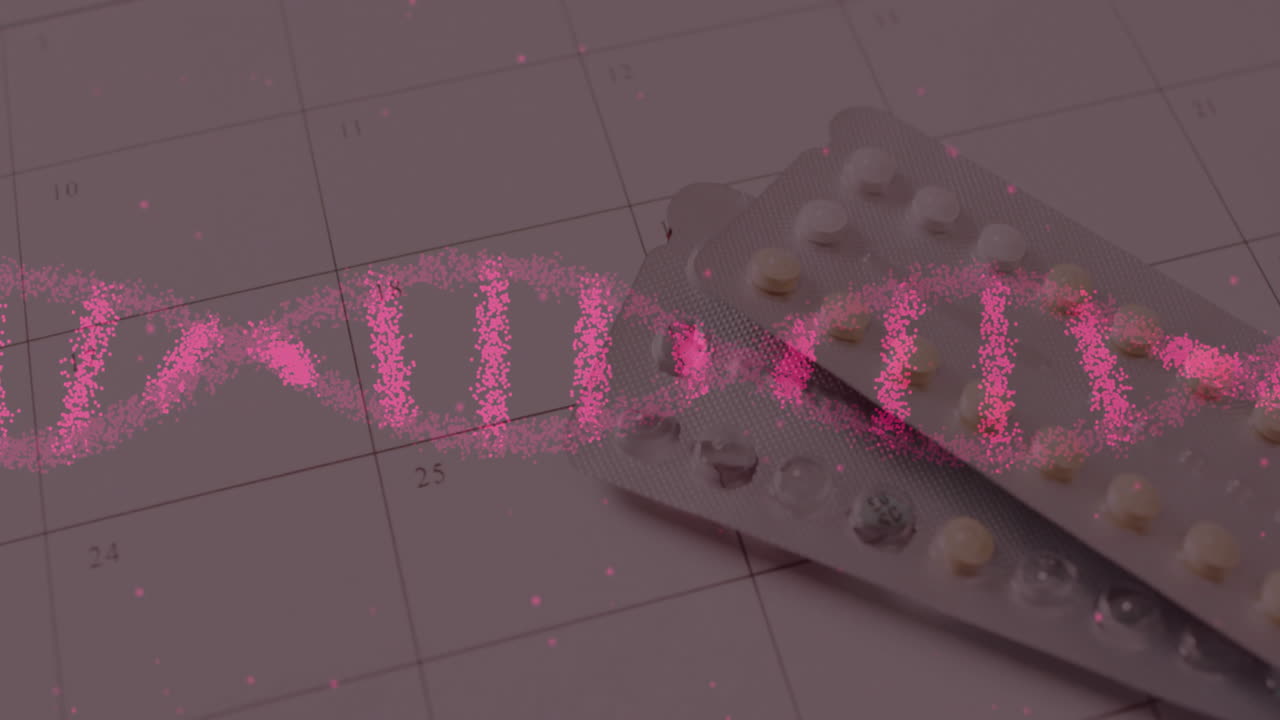 Animation of dna strand and calendar over pills