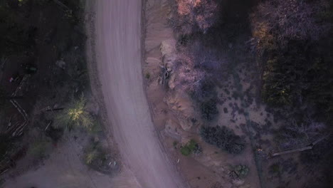 dark vehicle drives down curved dirt road through dense forest at dusk