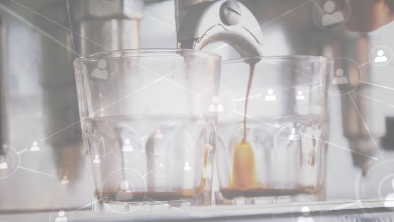 Two glass cups receiving espresso stream on drip tray, with network icon overlays in 3D render