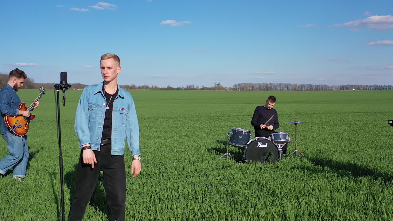 Musical group plays in field. Young group of musicians playing music on acoustic guitar and singing outdoors in summer
