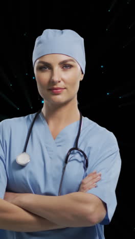 animation of caucasian female doctor over light spots on black background