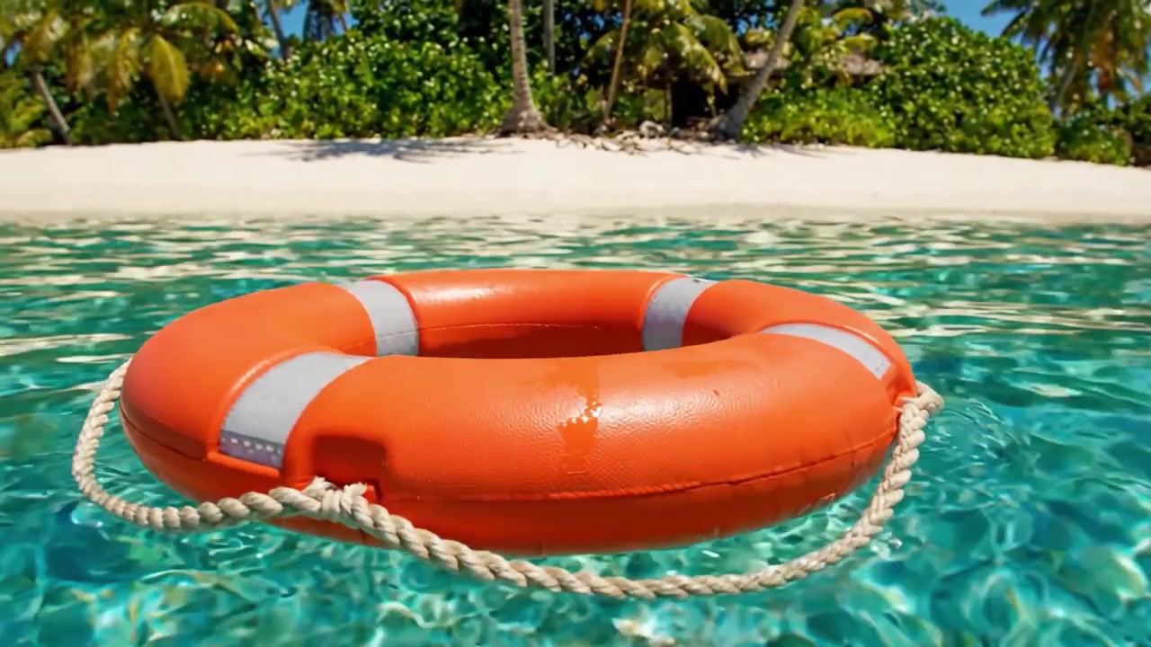 A Bright Orange Lifebuoy Floating on Clear Tropical Water, Surrounded by Lush Greenery and Sandy Beach in a Serene Coastal Environment
