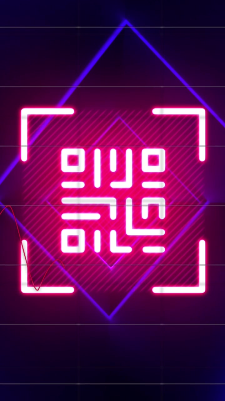 Animation of red neon qr code, blue lights and data processing on black background